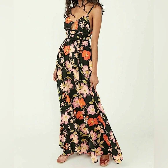Free People | Dresses | Free People Wisteria Long Maxi Dress Dark Combo  Black Orange Floral Nwt 48 | Poshmark